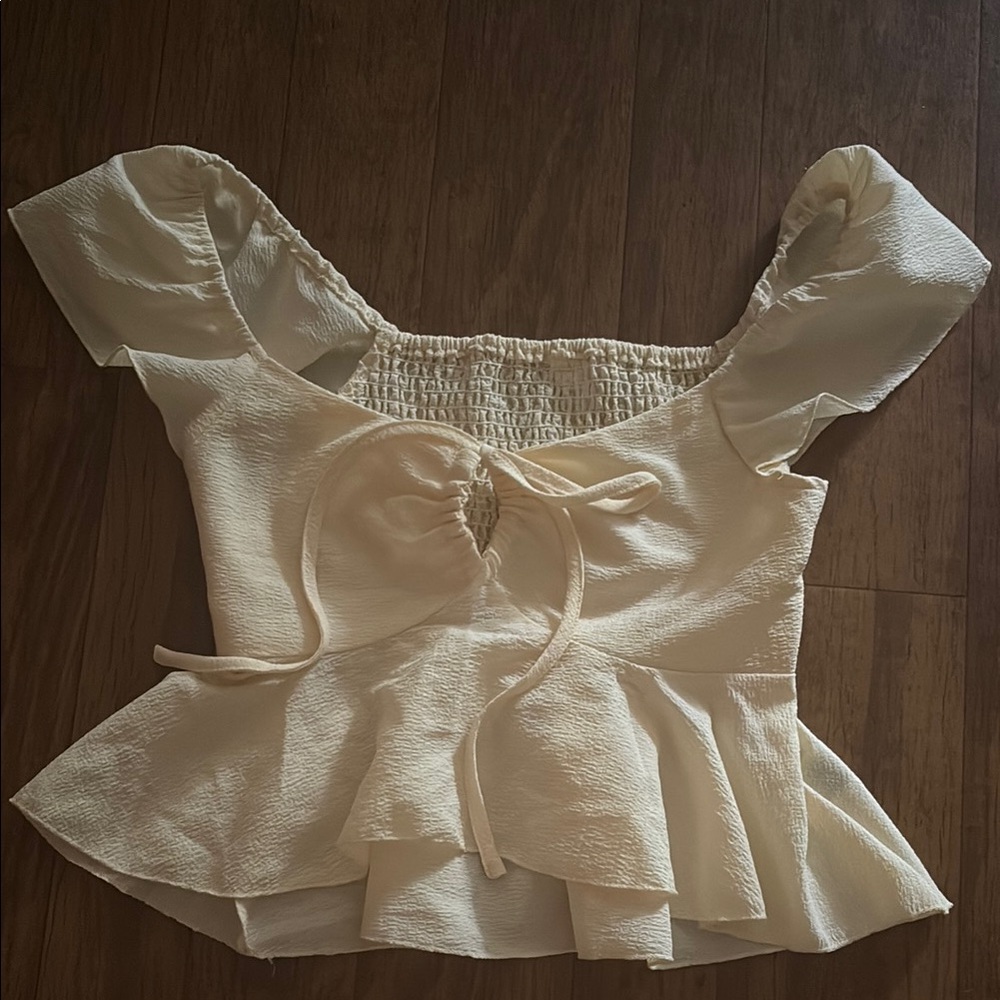 SHEIN Cream Flutter Sleeve Smocked Peplum Blouse